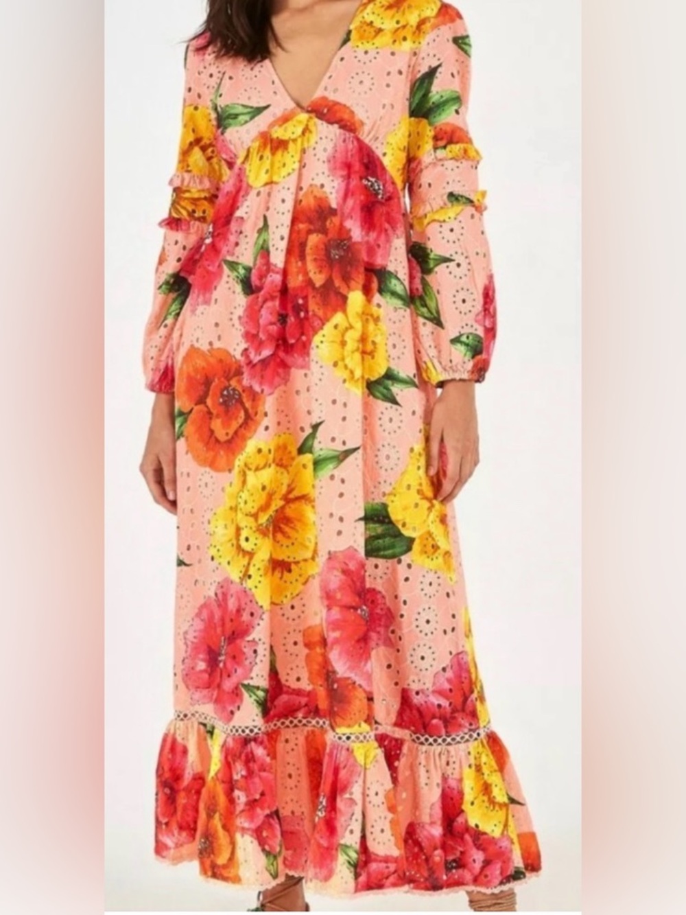 Stunning Farm Rio Maxi Dress w/ Slip Pink Floral Sz Medium 100% Cotton Eyelet